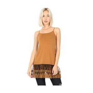 Women's Coffee Long Line Lace‎ Bottom Camisole Spaghetti Strap Tank Size S